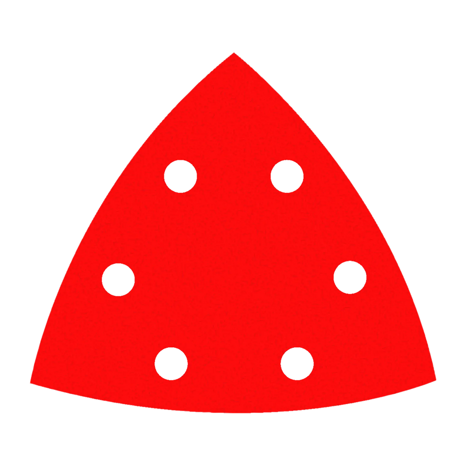 Individual Diablo 3-3/4 inch red detail triangle sanding sheet featuring a six-hole pattern for dust extraction and premium ceramic blend abrasive for ultra-fine finishing.