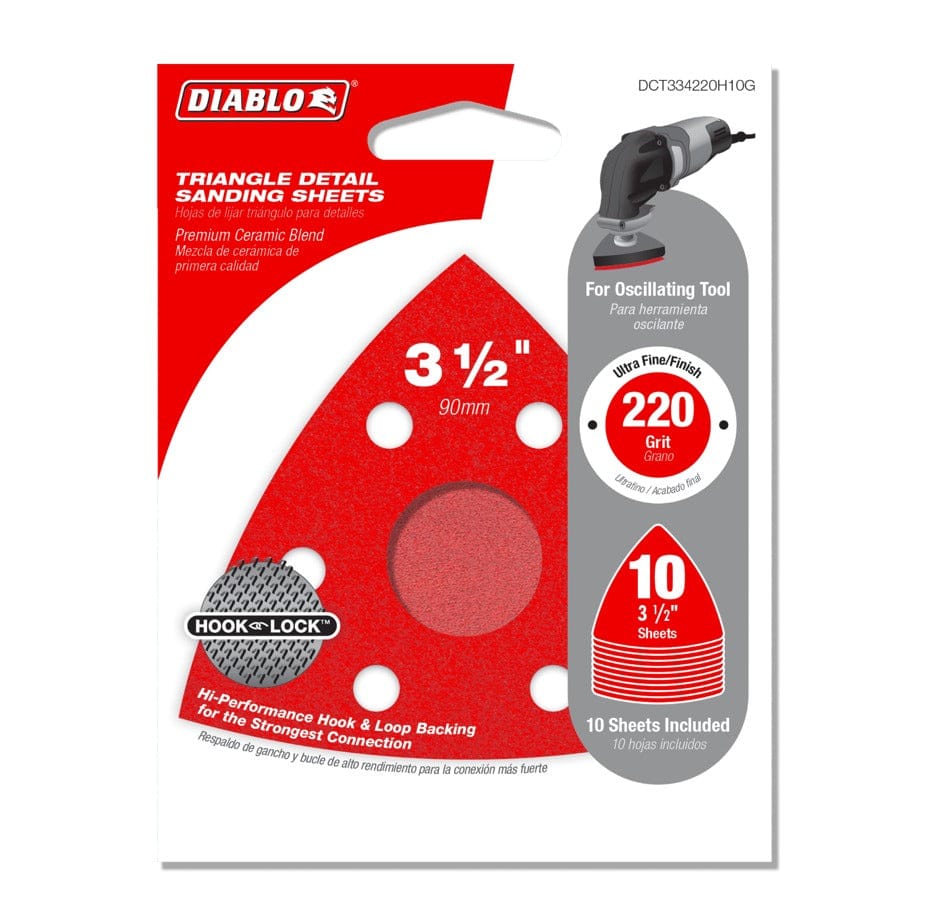 Retail packaging for the Diablo DCT334220H10G 10-pack of triangle detail sanding sheets highlighting the 220-grit ultra-fine finish, 3-1/2 inch size, and Hook and Lock backing for oscillating tools.