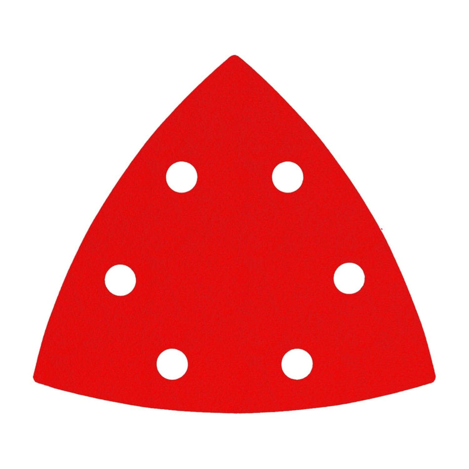 Individual Diablo 3-3/4 inch red triangular detail sanding sheet featuring a six-hole dust extraction pattern and premium ceramic blend abrasive.