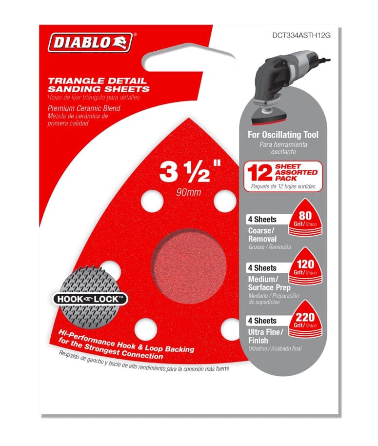 Retail packaging for the Diablo 12-pack assorted triangular detail sanding sheets featuring 80-grit, 120-grit, and 220-grit multi-grade ceramic abrasives.