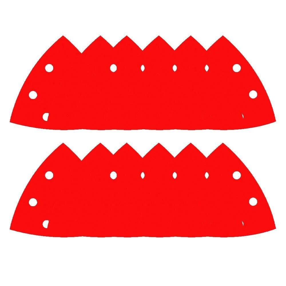 Two stacks of six Diablo 3-3/4 inch triangular detail sanding sheets showing the premium red ceramic abrasive surface and six-hole pattern for oscillating tools.