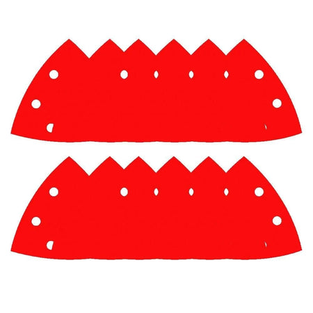 Two stacks of six Diablo 3-3/4 inch triangular detail sanding sheets showing the premium red ceramic abrasive surface and six-hole pattern for oscillating tools.
