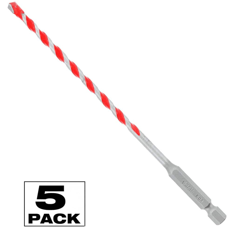 Individual Diablo 3/16 inch SPEEDemon Red Granite carbide-tipped hammer drill bit for concrete and masonry featuring a specialized U-flute design and Impact Strong hex shank, including a 5-pack graphic overlay.