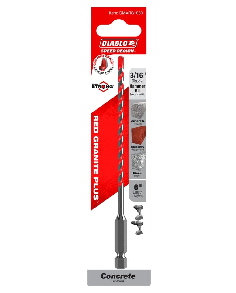 Retail packaging for the Diablo DMARG1030 SPEEDemon Red Granite PLUS hammer drill bit highlighting its 3/16 inch diameter, 6 inch length, and impact strong hex shank for concrete, masonry, and stone.