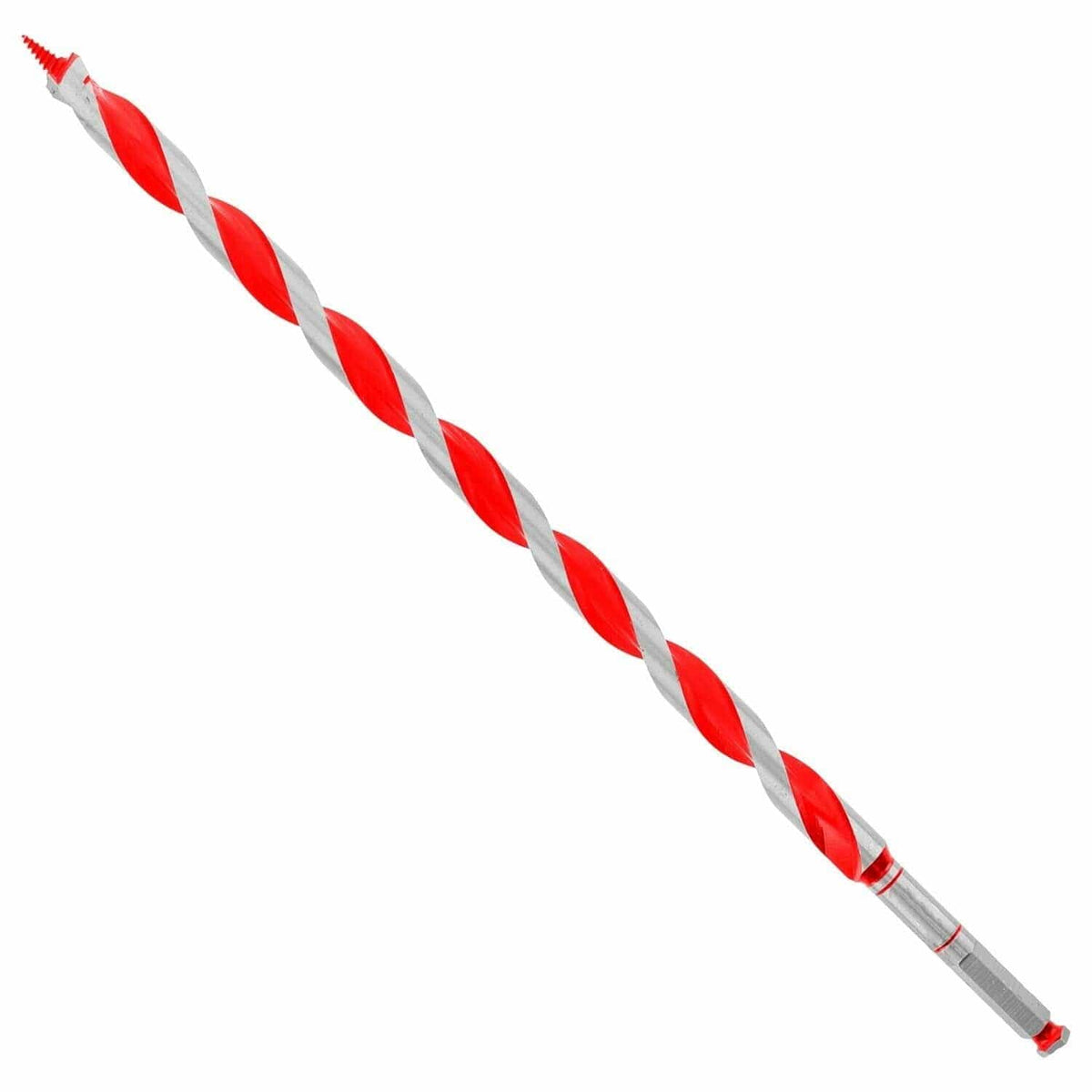Diablo 3/4" auger drill bit with red and silver helical flutes, threaded tip, and metallic hex shank. Designed for deep drilling in wood and nail-embedded wood using impact drivers or drill presses. Ideal for construction and carpentry applications requiring clean, precise holes.