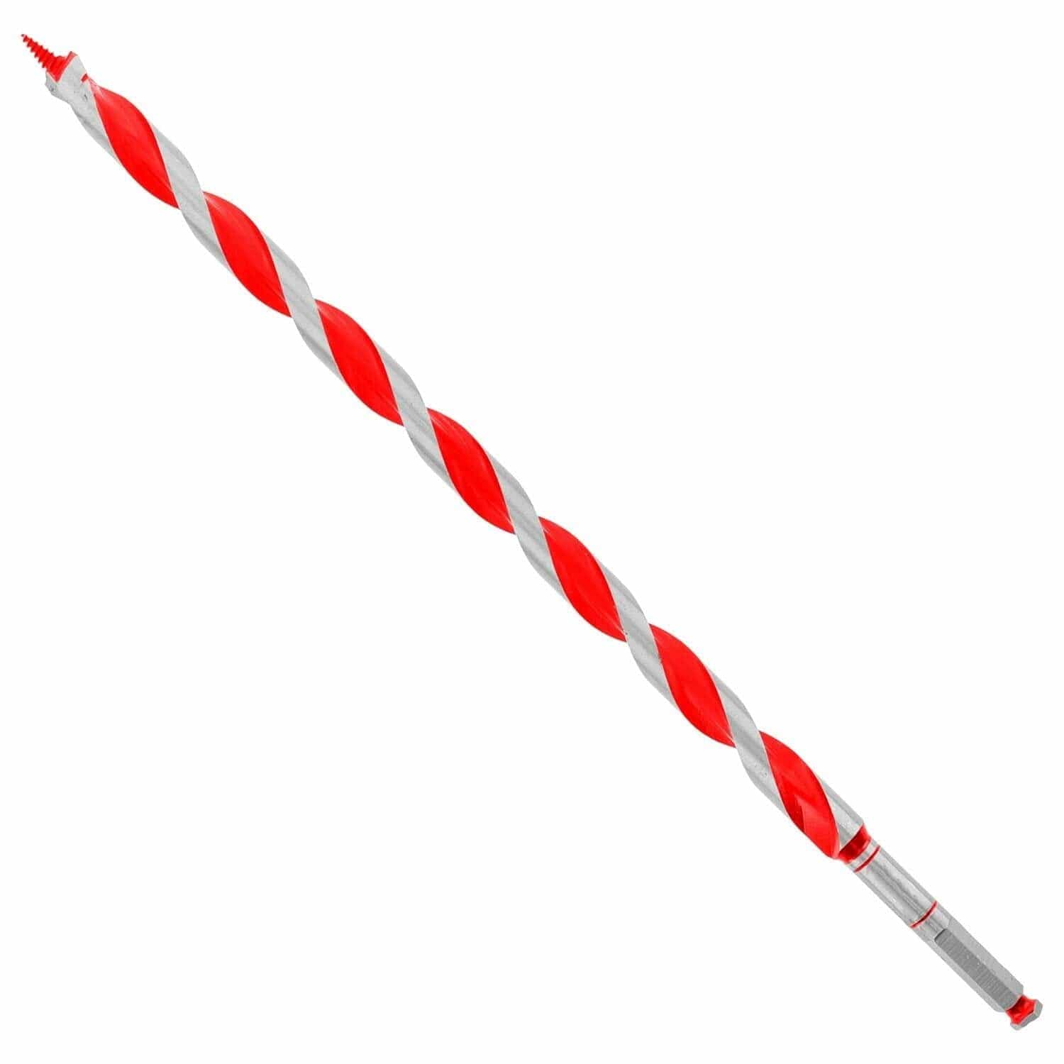 Diablo 3/4" auger drill bit with red and silver helical flutes, threaded tip, and metallic hex shank. Designed for deep drilling in wood and nail-embedded wood using impact drivers or drill presses. Ideal for construction and carpentry applications requiring clean, precise holes.