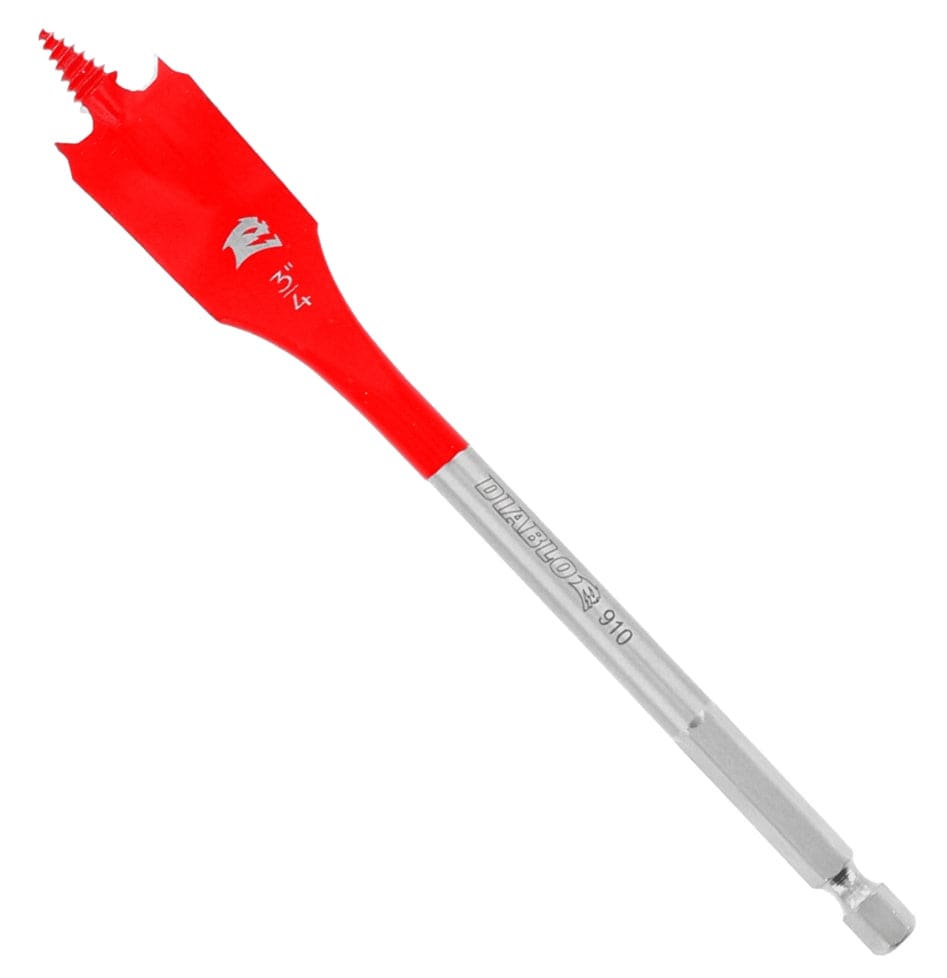 Individual Diablo 3/4-inch wood spade bit featuring a red SPEED-TIP self-feeding threaded tip and 1/4-inch Impact Strong hex shank for drill drivers.