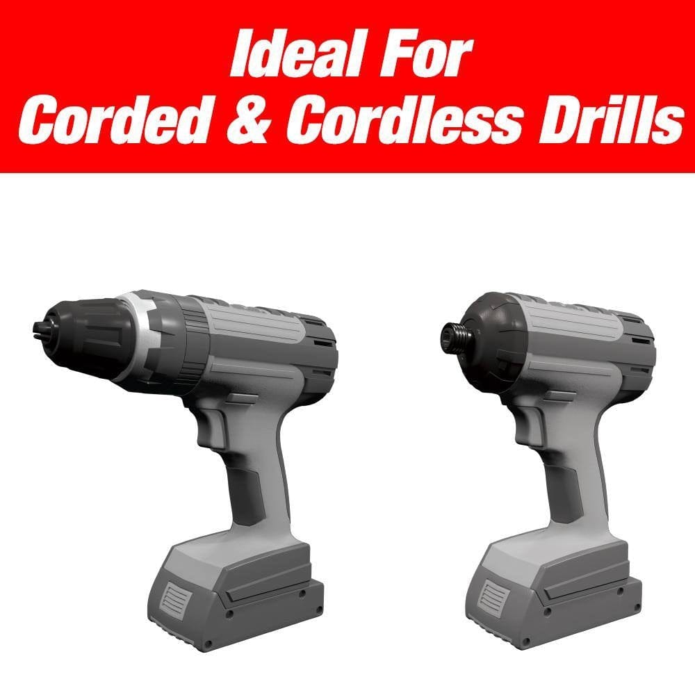 Marketing graphic stating Ideal For Corded and Cordless Drills, featuring 3D models of a standard cordless drill and a cordless impact driver.