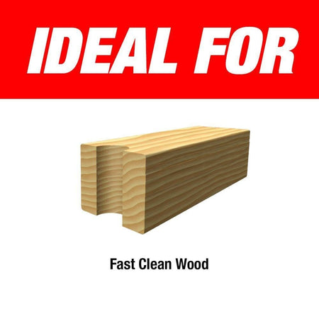 Marketing graphic stating Ideal For Fast Clean Wood displaying a 3D rendered wood block with a smooth 13/16-inch hole bored through the center.