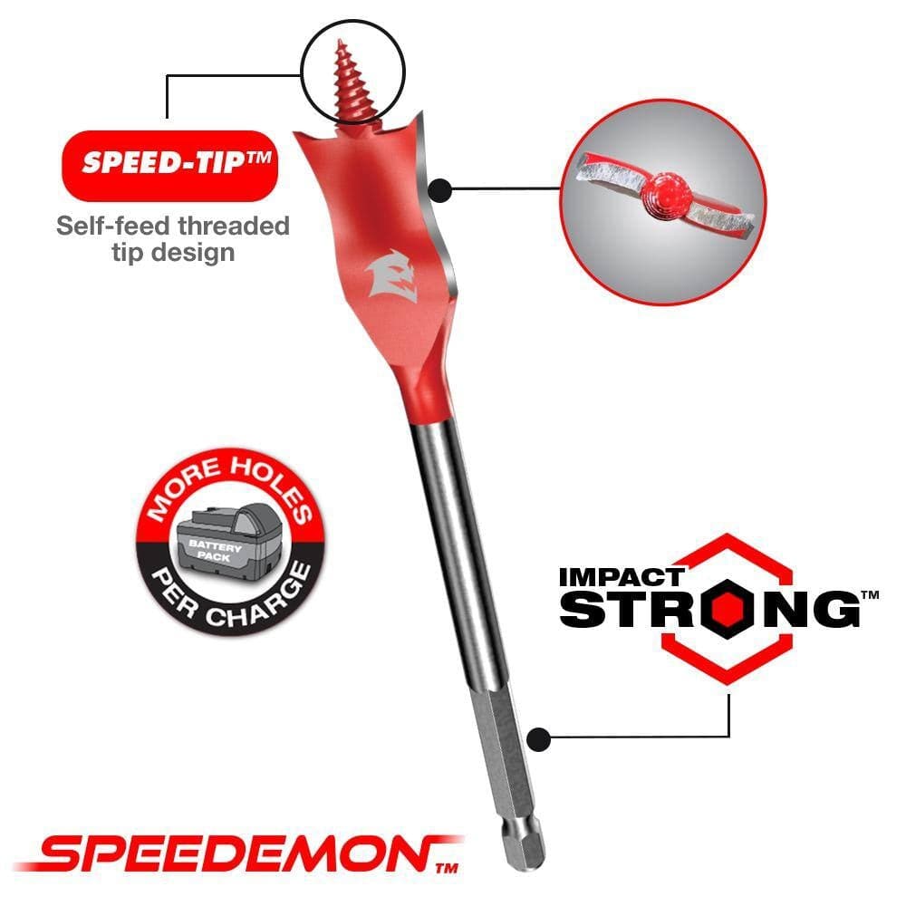 Technical callout image of a Diablo Speedemon spade bit highlighting the SPEED-TIP self-feed threaded design, Impact Strong shank, and more holes per battery charge.
