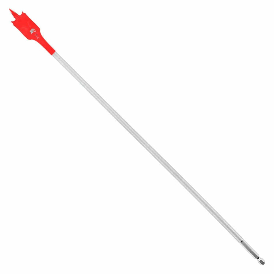 Long drill bit with red tip on a white background