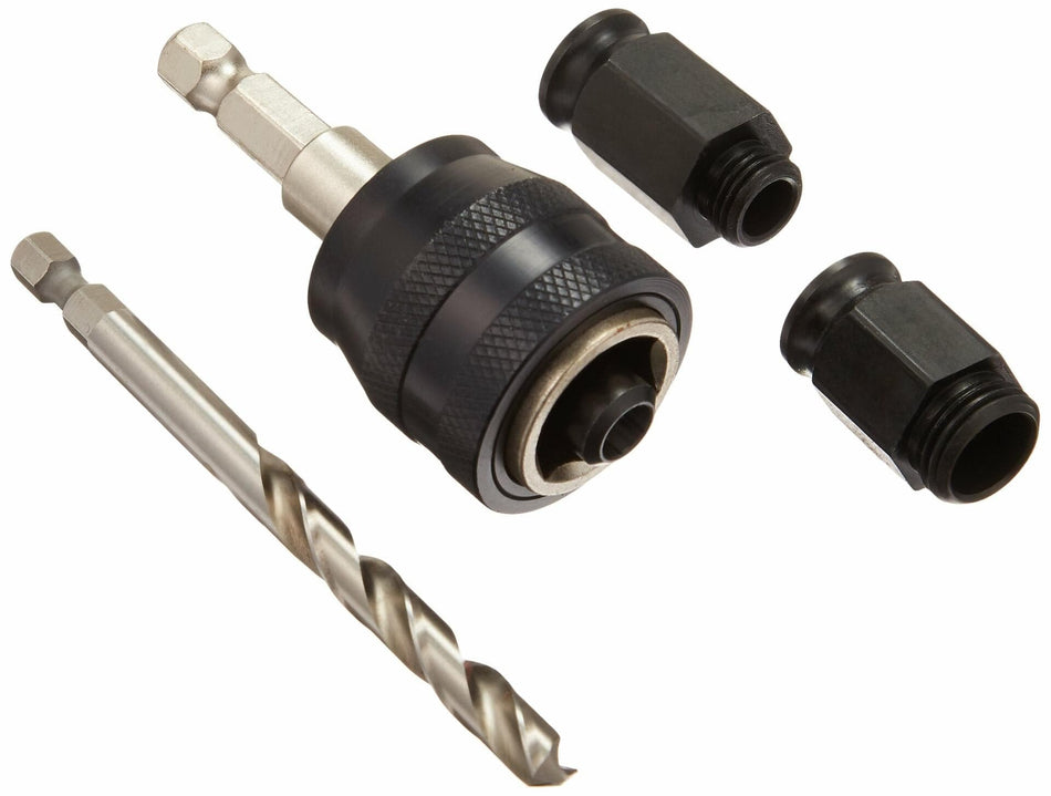 All components of the Diablo 3/8-inch Snap-Lock Plus Mandrel System, including the quick-change mandrel, pilot bit, and the 1/2-inch and 5/8-inch adapter nuts, are shown disassembled