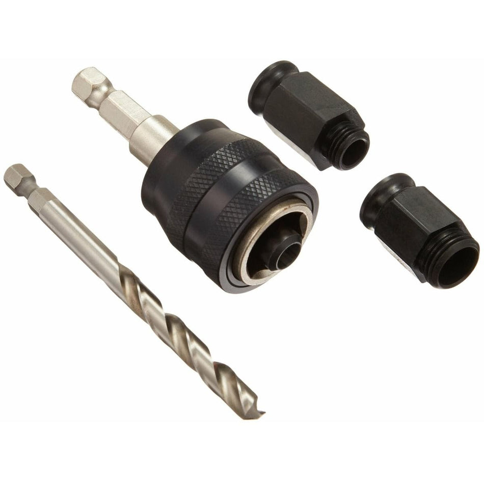 All components of the Diablo 3/8-inch Snap-Lock Plus Mandrel System, including the quick-change mandrel, pilot bit, and the 1/2-inch and 5/8-inch adapter nuts, are shown disassembled