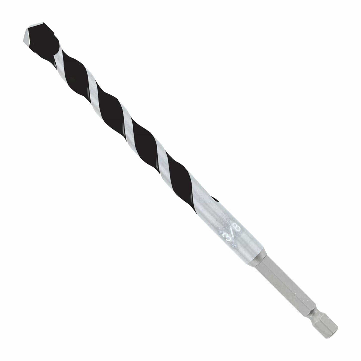 Diablo 3/8-inch carbide-tipped drill bit with spiral flute and hex shank, designed for multi-material drilling including wood, metal, and masonry.