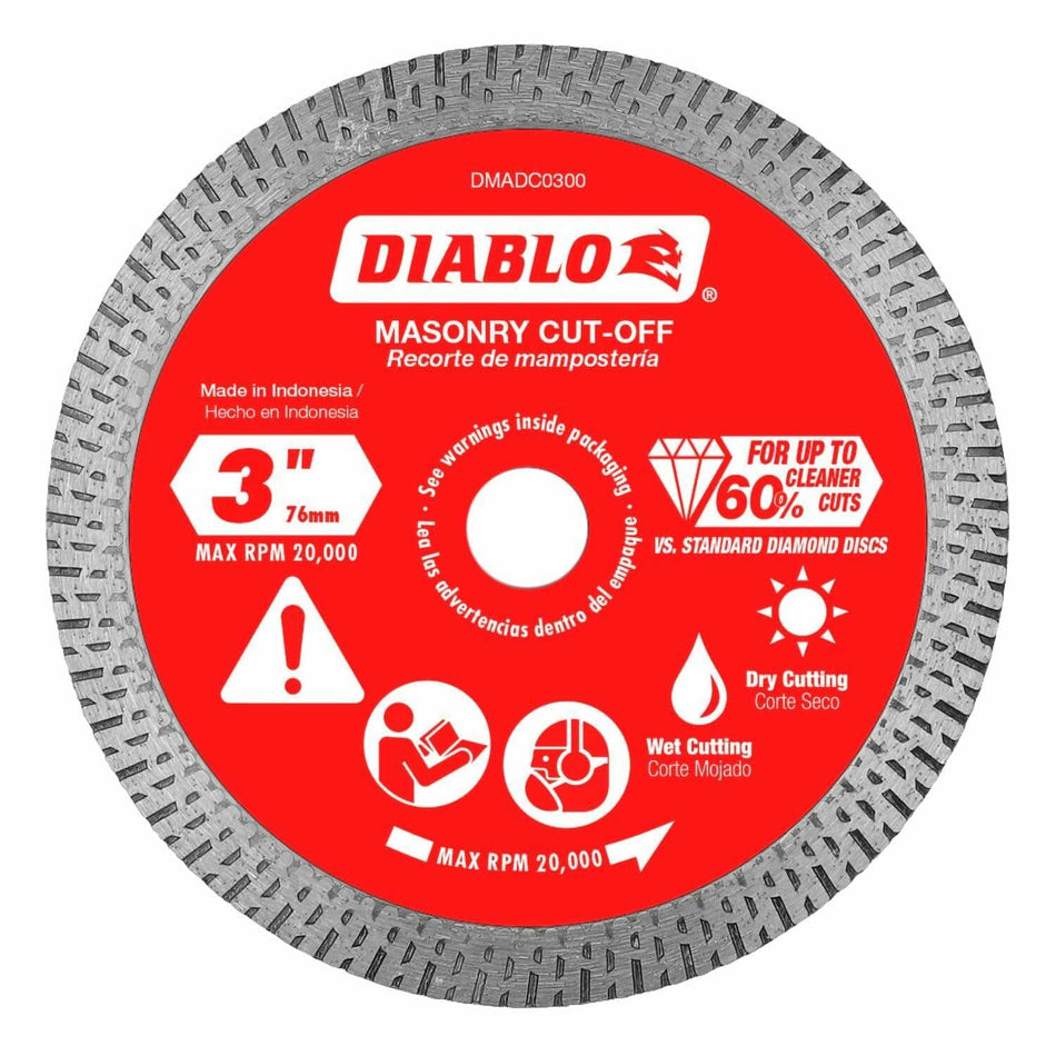 The red Diablo 3 inch continuous rim diamond cut-off disc for masonry, showing icons for wet or dry cutting and a maximum RPM of 20,000.