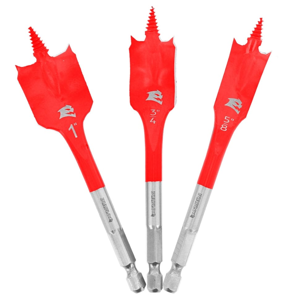 An assortment of three Diablo stubby wood spade bits from the SPEEDemon series, featuring 1-inch, 3/4-inch, and 5/8-inch diameters with red heads and 1/4-inch hex shanks.