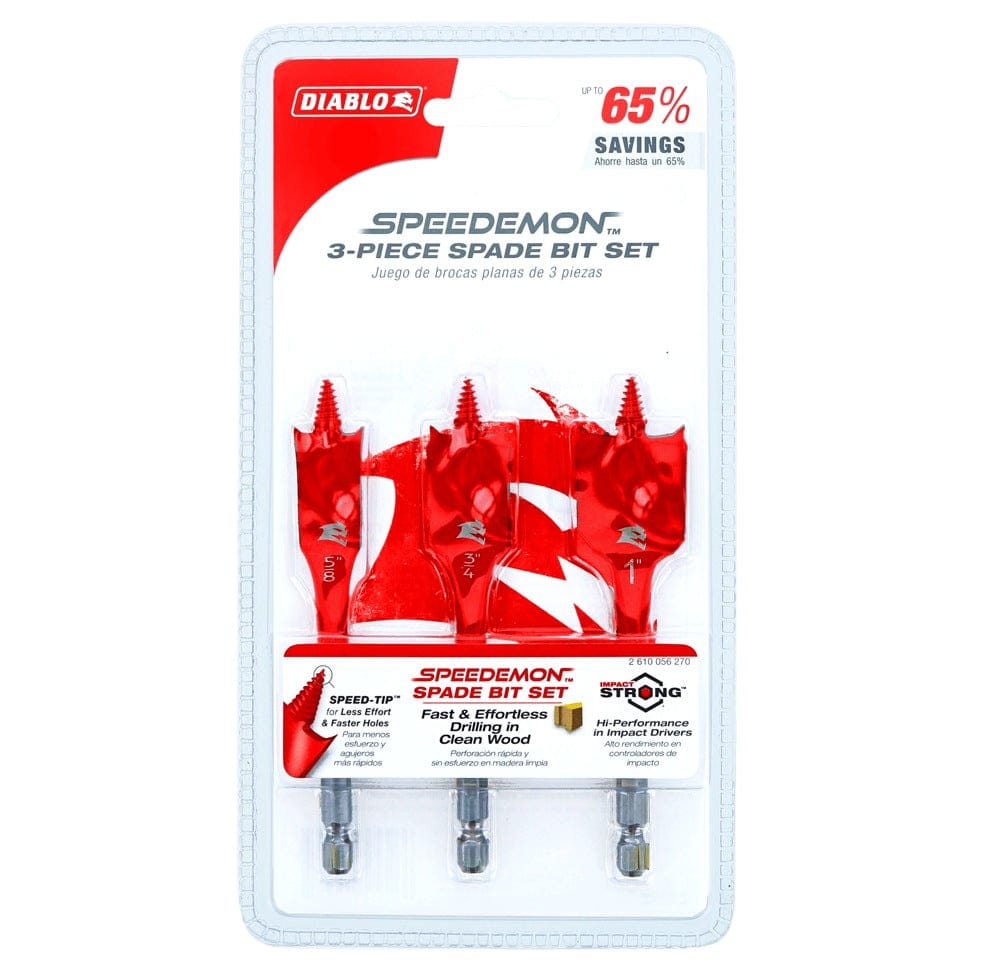 Retail packaging for the Diablo DSP1910-S3 3-Piece Spade Bit Set highlighting up to 65% savings and Speed-TIP technology for fast and effortless drilling in clean wood.