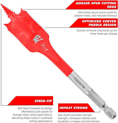 Infographic of a Diablo 3/4-inch stubby spade bit with technical callouts for the angled spur cutting edge, optimized curved paddle design, SPEED-TIP, and Impact Strong hex shank.