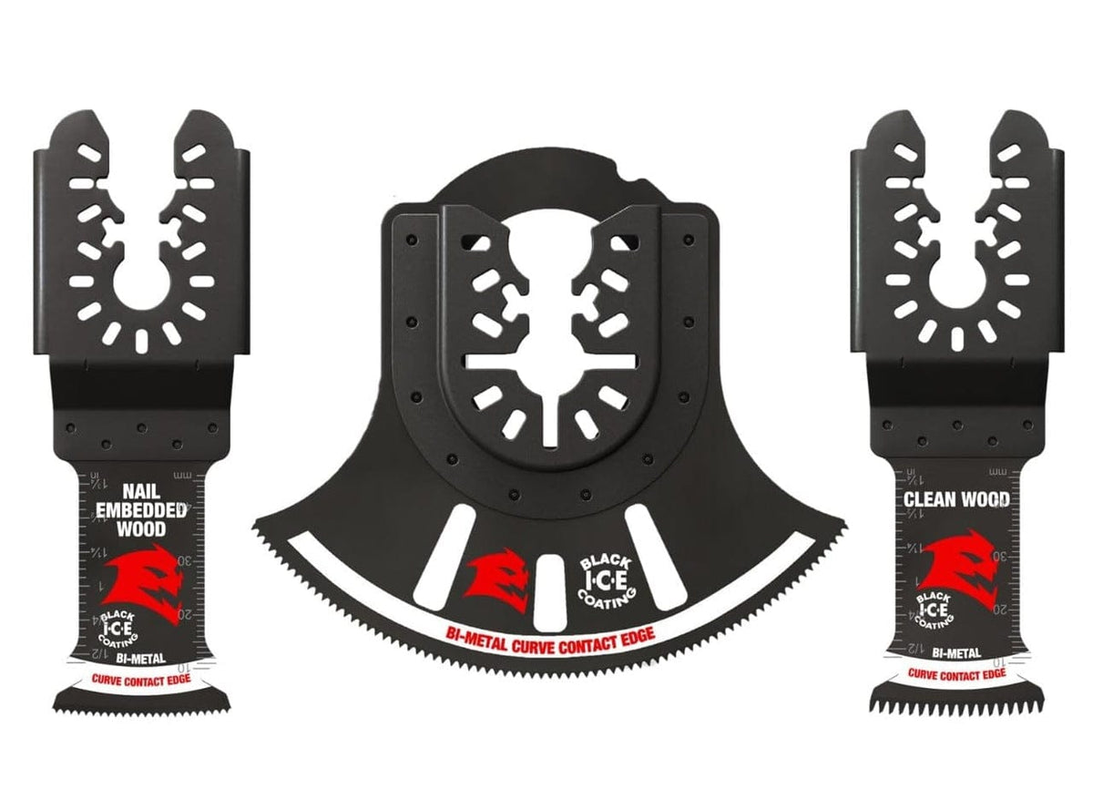 A 3-piece set of Diablo universal fit bi-metal oscillating multi-tool blades including specialized designs for nail-embedded wood, clean wood, and general-purpose cutting with Black I.C.E. coating.