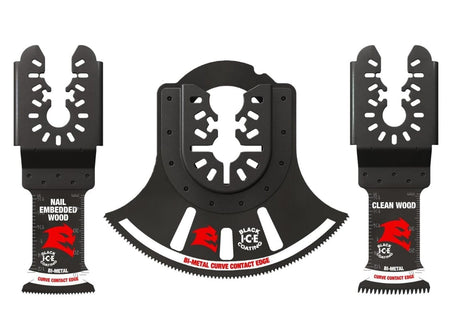 A 3-piece set of Diablo universal fit bi-metal oscillating multi-tool blades including specialized designs for nail-embedded wood, clean wood, and general-purpose cutting with Black I.C.E. coating.