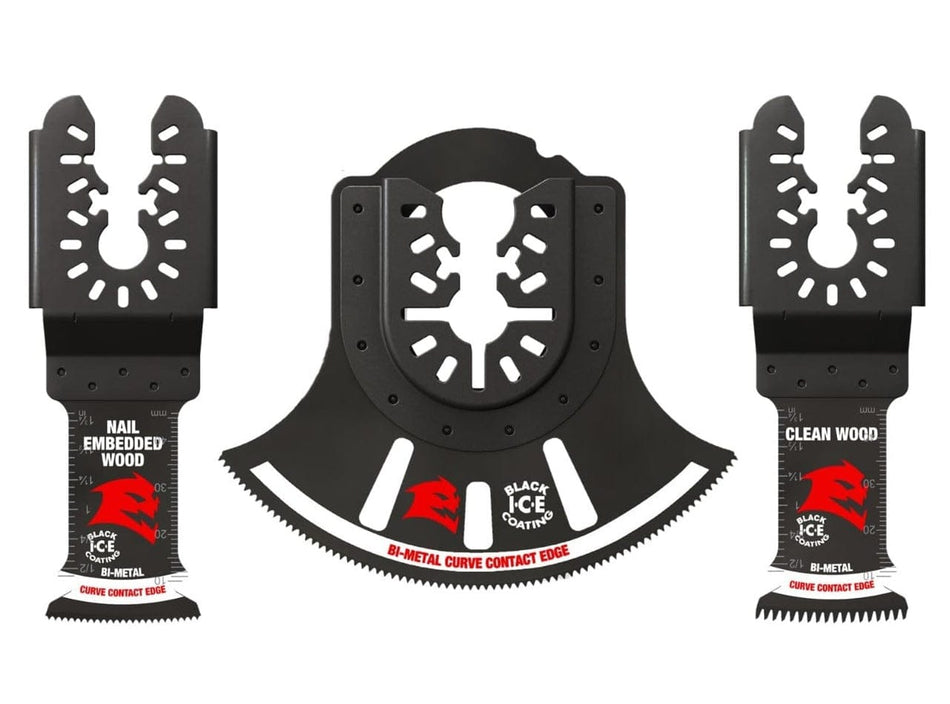 A 3-piece set of Diablo universal fit bi-metal oscillating multi-tool blades including specialized designs for nail-embedded wood, clean wood, and general-purpose cutting with Black I.C.E. coating.