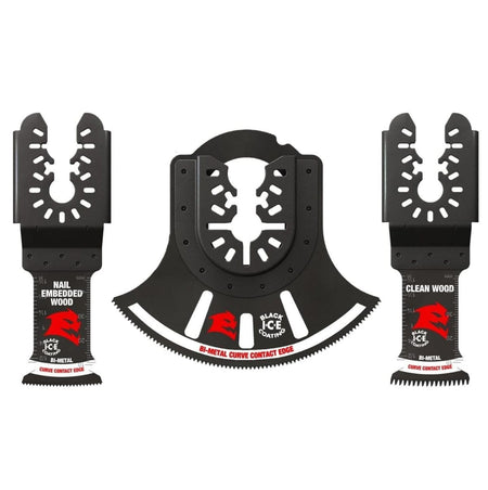 A 3-piece set of Diablo universal fit bi-metal oscillating multi-tool blades including specialized designs for nail-embedded wood, clean wood, and general-purpose cutting with Black I.C.E. coating.