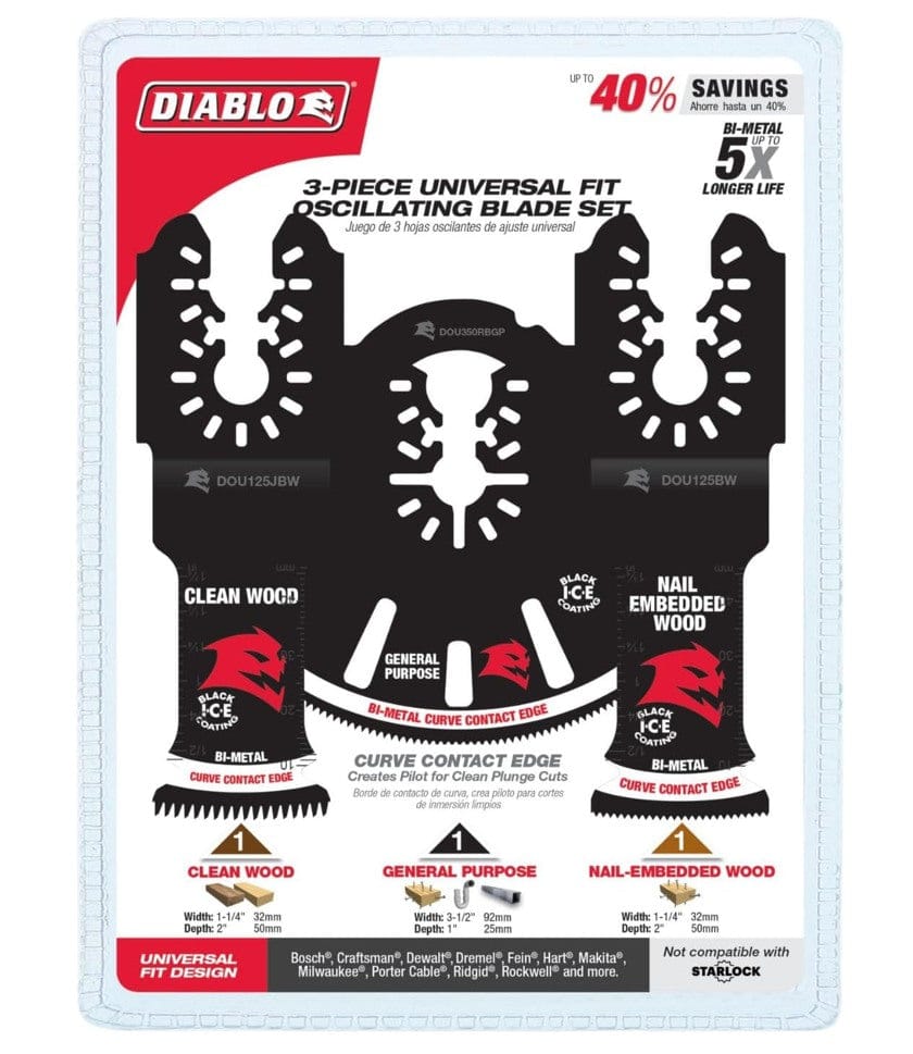 Retail packaging for the Diablo DOU3BS 3-piece universal fit bi-metal oscillating blade set highlighting up to 40 percent savings and 5X longer cutting life.