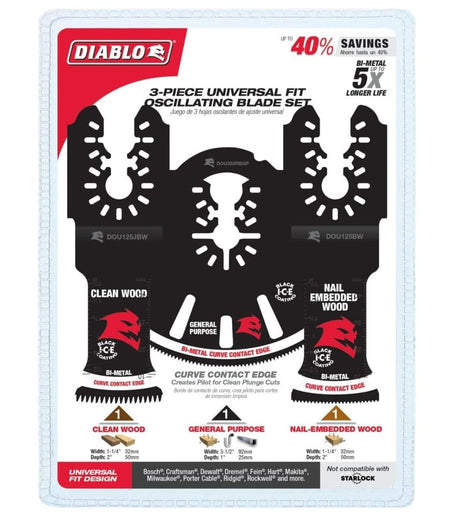 Retail packaging for the Diablo DOU3BS 3-piece universal fit bi-metal oscillating blade set highlighting up to 40 percent savings and 5X longer cutting life.