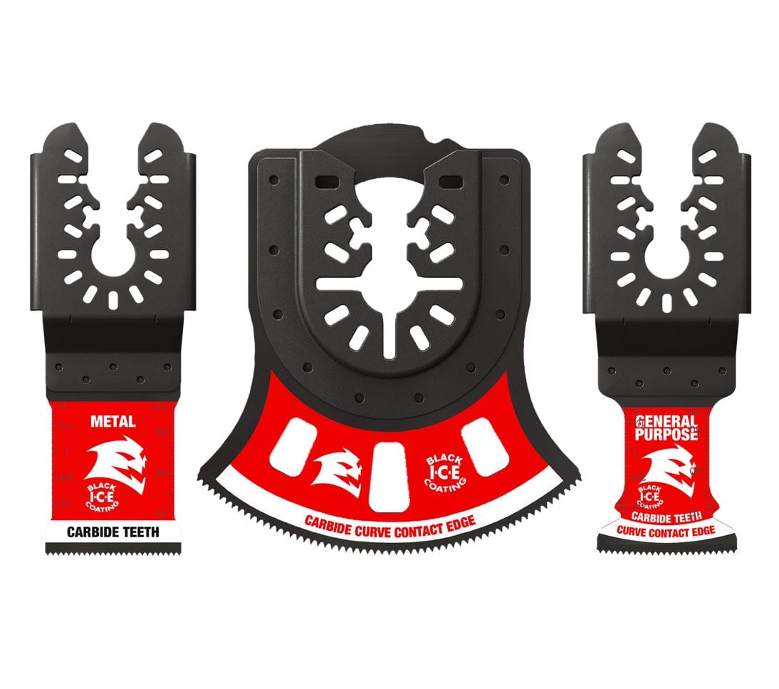 A 3-piece set of Diablo universal fit oscillating multi-tool blades including specialized carbide teeth designs for metal and general purpose cutting with Black I.C.E. coating.