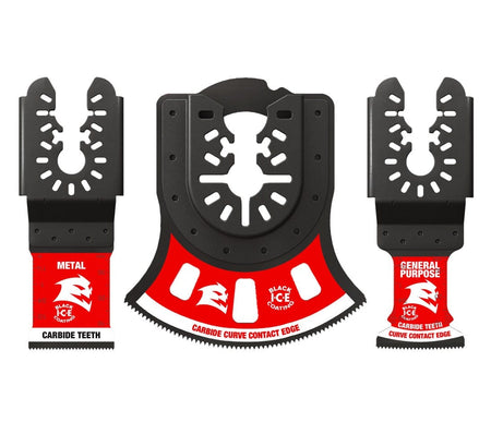 A 3-piece set of Diablo universal fit oscillating multi-tool blades including specialized carbide teeth designs for metal and general purpose cutting with Black I.C.E. coating.