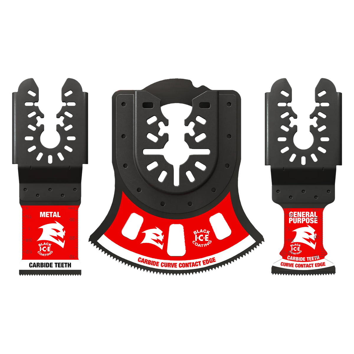 A 3-piece set of Diablo universal fit oscillating multi-tool blades including specialized carbide teeth designs for metal and general purpose cutting with Black I.C.E. coating.