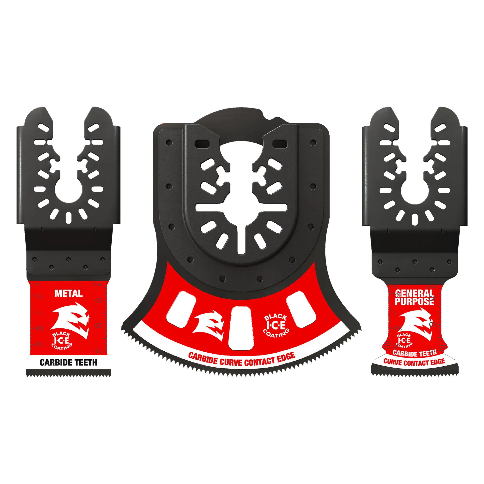 A 3-piece set of Diablo universal fit oscillating multi-tool blades including specialized carbide teeth designs for metal and general purpose cutting with Black I.C.E. coating.