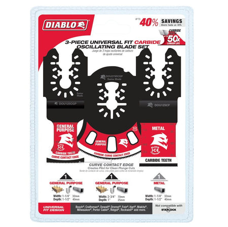 Retail packaging for the Diablo DOU3CS 3-piece universal fit carbide oscillating blade set highlighting up to 40 percent savings and 50X longer cutting life.