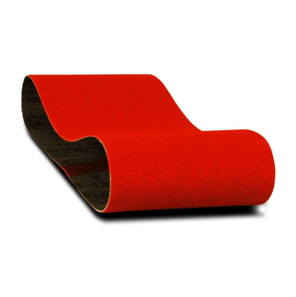 A studio image of a single red Diablo 3x18-inch sanding belt, shown in a curved, S-shape against a white background.