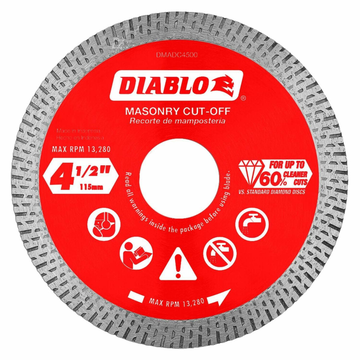 A close-up view of the red and silver Diablo 4-1/2 inch continuous rim diamond cut-off disc, showing the continuous rim design, maximum RPM rating of 13,280, and icons for wet or dry cutting.
