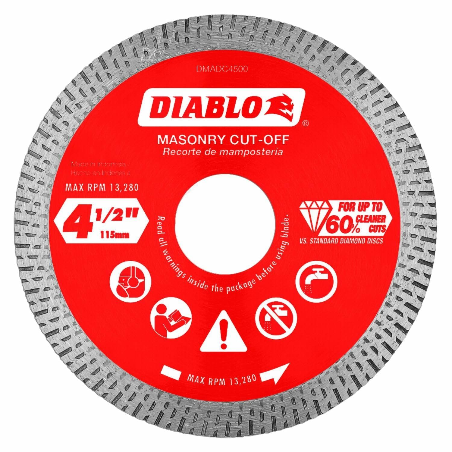 A close-up view of the red and silver Diablo 4-1/2 inch continuous rim diamond cut-off disc, showing the continuous rim design, maximum RPM rating of 13,280, and icons for wet or dry cutting.
