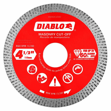 A close-up view of the red and silver Diablo 4-1/2 inch continuous rim diamond cut-off disc, showing the continuous rim design, maximum RPM rating of 13,280, and icons for wet or dry cutting.