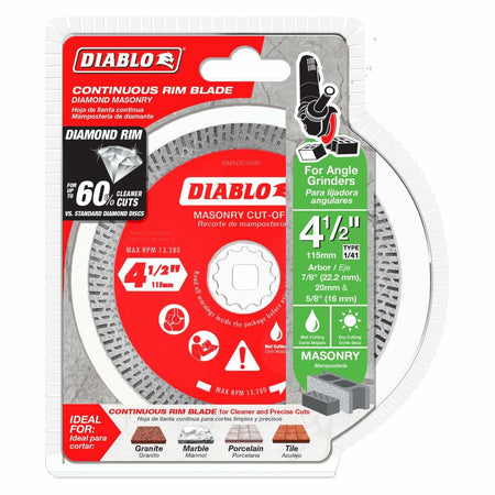 The Diablo 4-1/2 inch continuous rim diamond blade in its retail packaging, highlighting its use for angle grinders, multiple arbor sizes, and the ability to achieve up to $60\%$ cleaner cuts on granite, marble, porcelain, and tile.