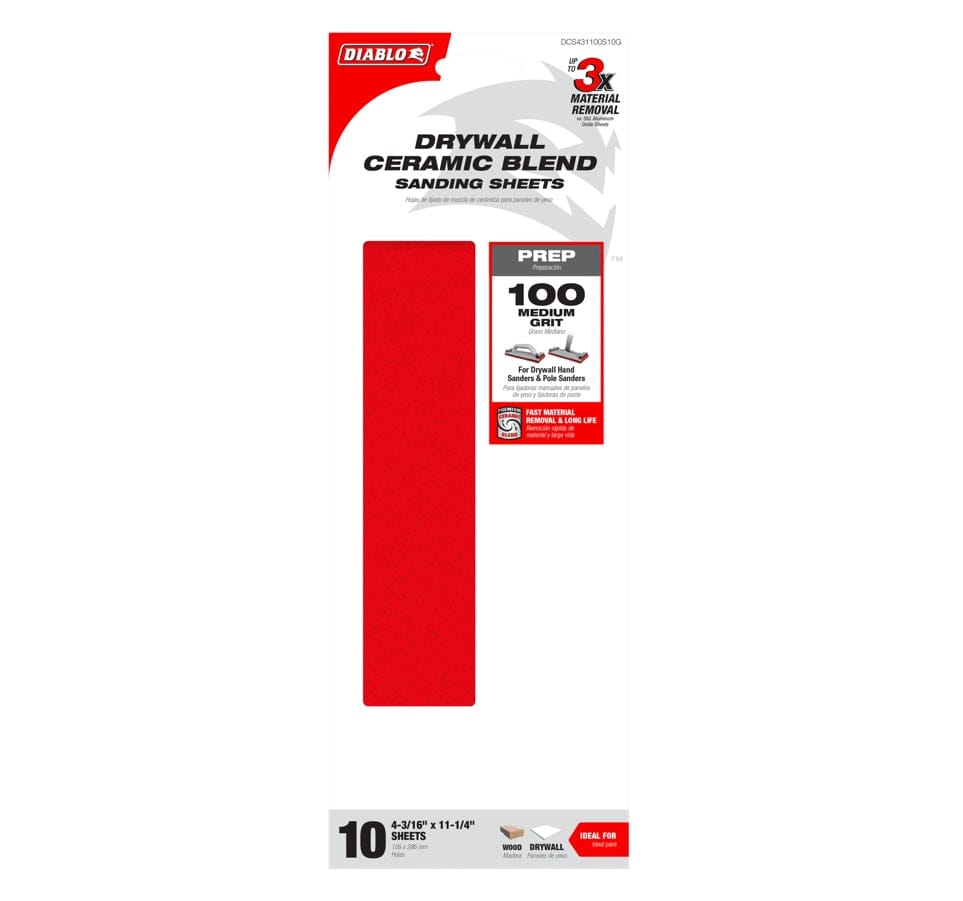 Retail packaging for the Diablo DCS431100S10G 10-pack of medium 100-grit drywall sanding sheets highlighting up to 3X more material removal and prep applications.