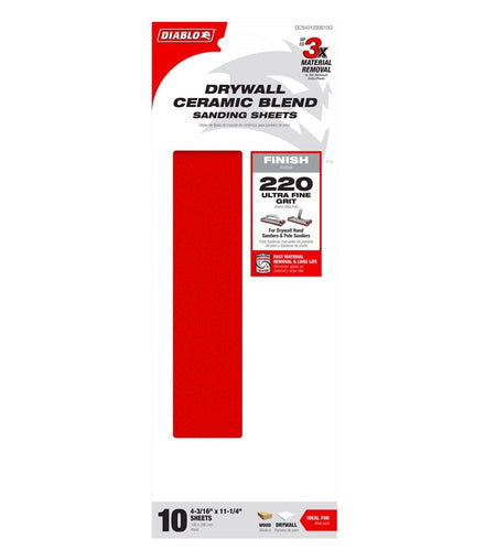 Retail packaging for the Diablo DCS431220S10G 10-pack of ultra-fine 220-grit drywall ceramic blend sanding sheets highlighting up to 3X more material removal and compatibility with hand and pole sanders.