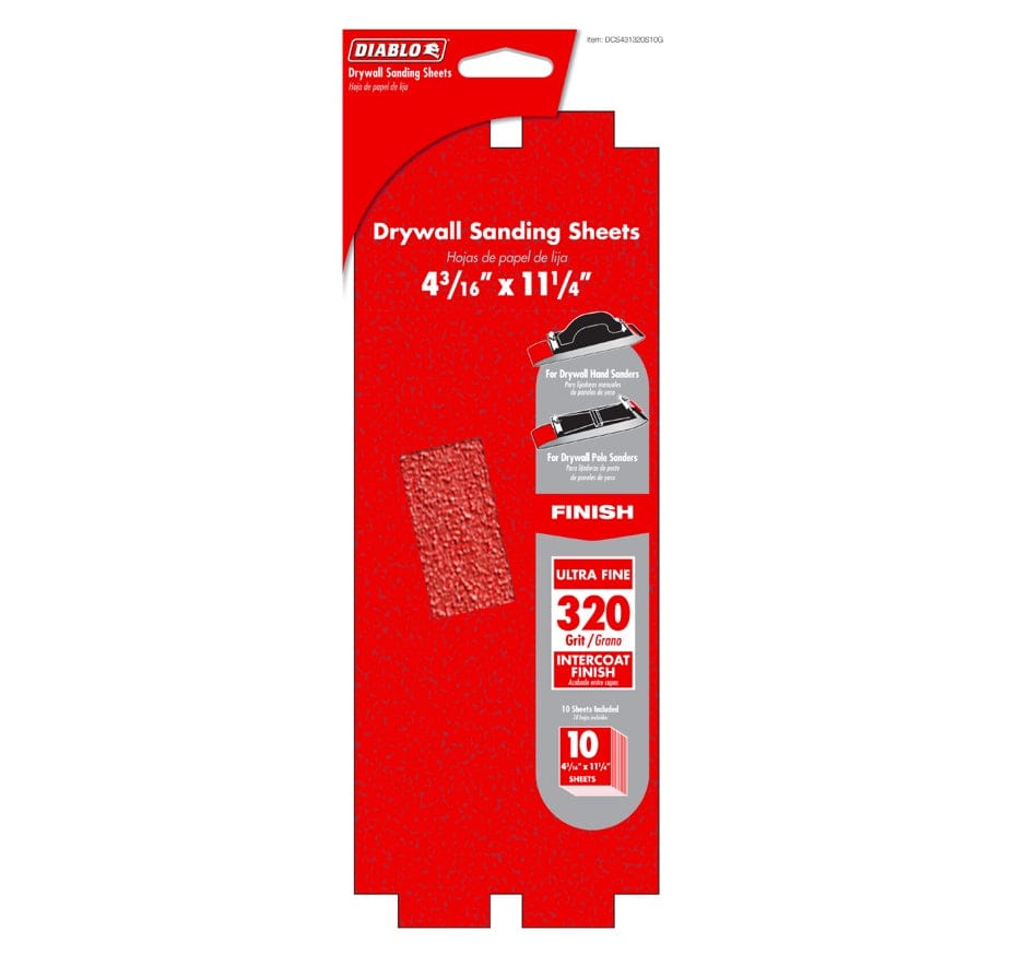 Retail packaging for the Diablo DCS431320S10G 10-pack of 320-grit ultra-fine intercoat finish drywall sanding sheets for hand and pole sanders.