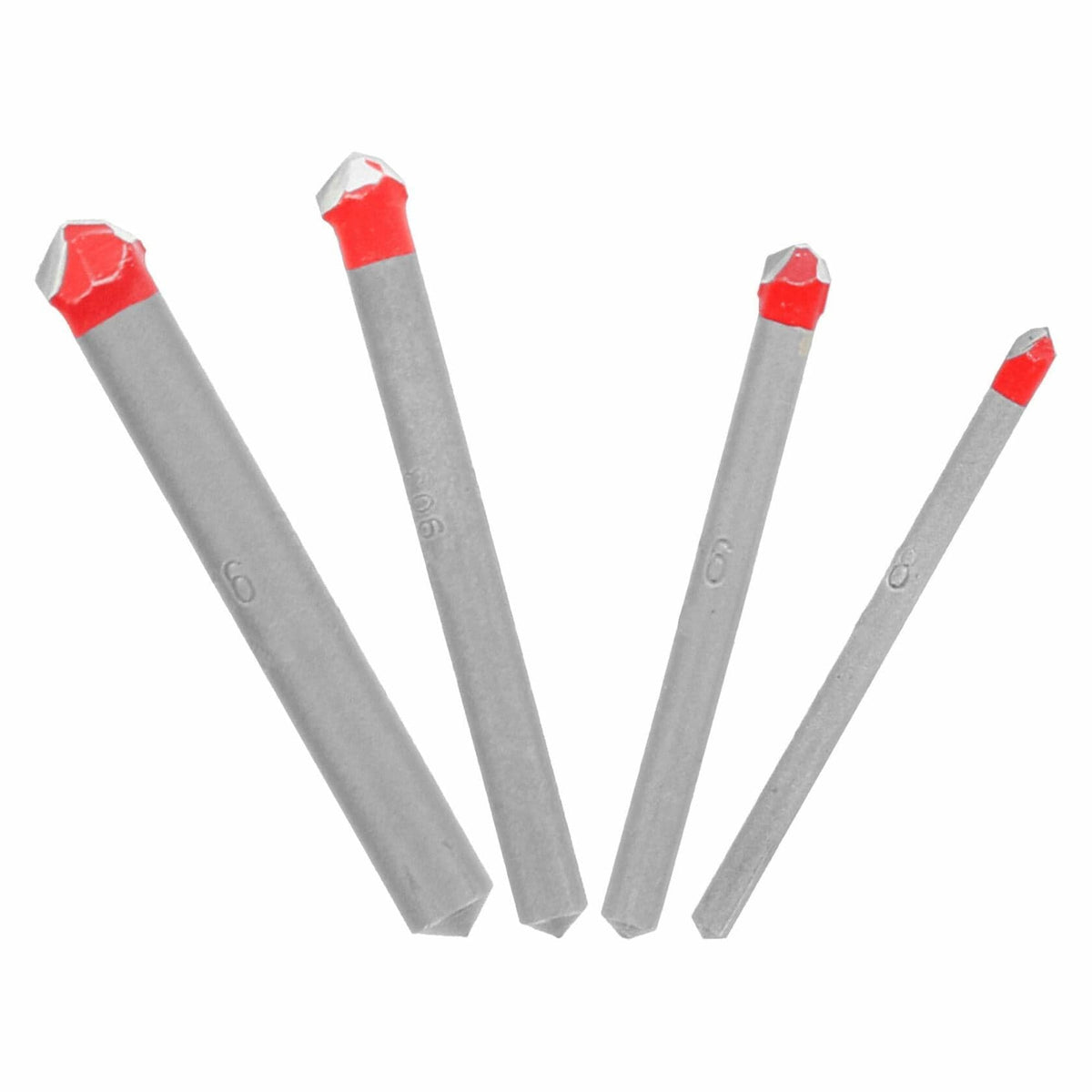 Four red-tipped carbide drill bits with hexagonal shanks, designed for drilling into tile, stone, and glass; laid out for product identification and sizing