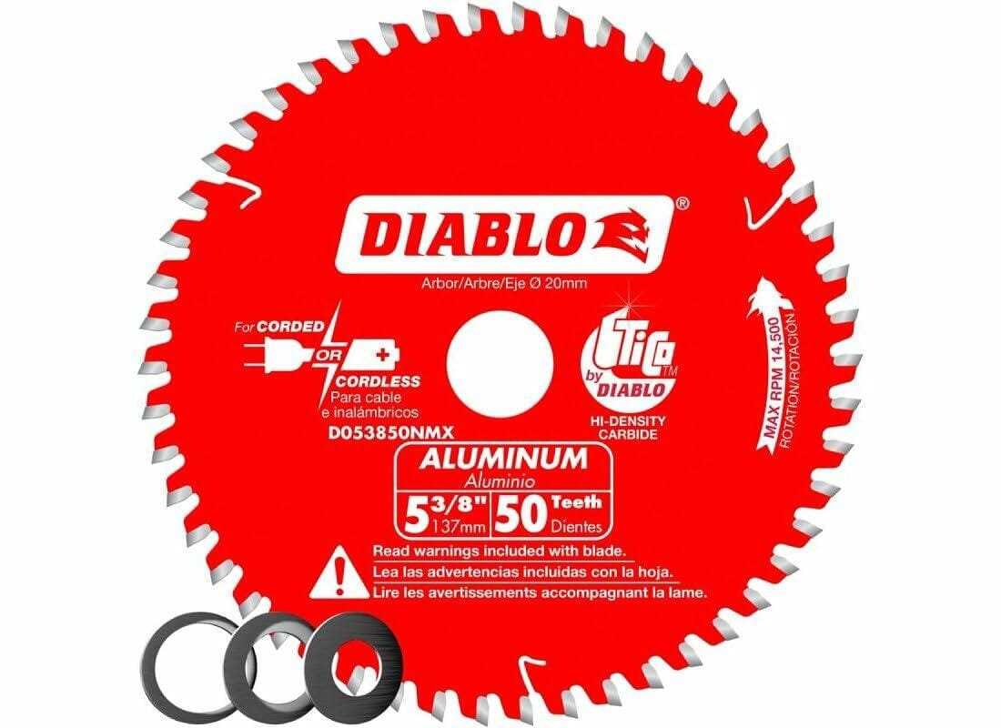 Front view of the red Diablo 5-3/8 inch, 50-tooth TCG circular saw blade for aluminum, showing the 20mm arbor and compatibility with both corded and cordless saws.