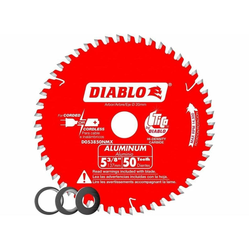 Front view of the red Diablo 5-3/8 inch, 50-tooth TCG circular saw blade for aluminum, showing the 20mm arbor and compatibility with both corded and cordless saws.
