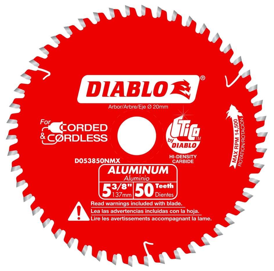 Full frontal view of the red Diablo 5-3/8 inch, 50-tooth TCG circular saw blade, marked for aluminum cutting and corded/cordless saw compatibility.