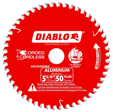 Full frontal view of the red Diablo 5-3/8 inch, 50-tooth TCG circular saw blade, marked for aluminum cutting and corded/cordless saw compatibility.