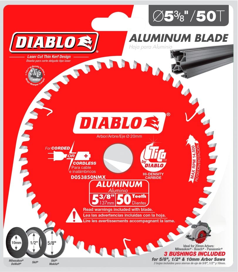 Retail packaging for the Diablo 5-3/8 inch, 50-tooth TCG Aluminum blade, highlighting the TiCo Hi-Density Carbide and the inclusion of adapter bushings for multi-saw compatibility.