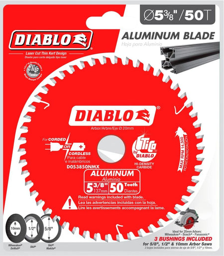 Retail packaging for the Diablo 5-3/8 inch, 50-tooth TCG Aluminum blade, highlighting the TiCo Hi-Density Carbide and the inclusion of adapter bushings for multi-saw compatibility.