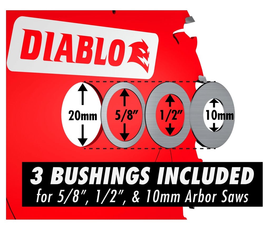 Close-up graphic showing the native 20mm arbor and the three included adapter bushings for 5/8 inch, 1/2 inch, and 10mm arbors for the Diablo aluminum cutting blade.
