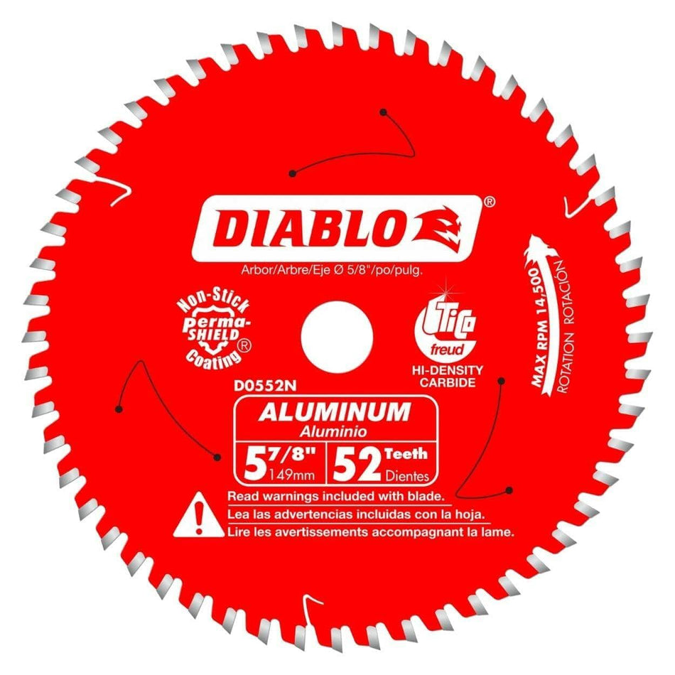 Diablo 5-7/8" aluminum cutting saw blade with red coating and 52 silver carbide teeth. Marked with model D0552N, 5/8" arbor, and 13,200 max RPM. Features Perma-SHIELD coating and directional arrow for rotation. Suitable for non-ferrous metal cutting.